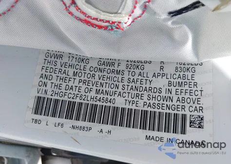 2020 Honda Civic Lx z USA, uszkodzony, nr VIN 2HGFC2F62LH545840